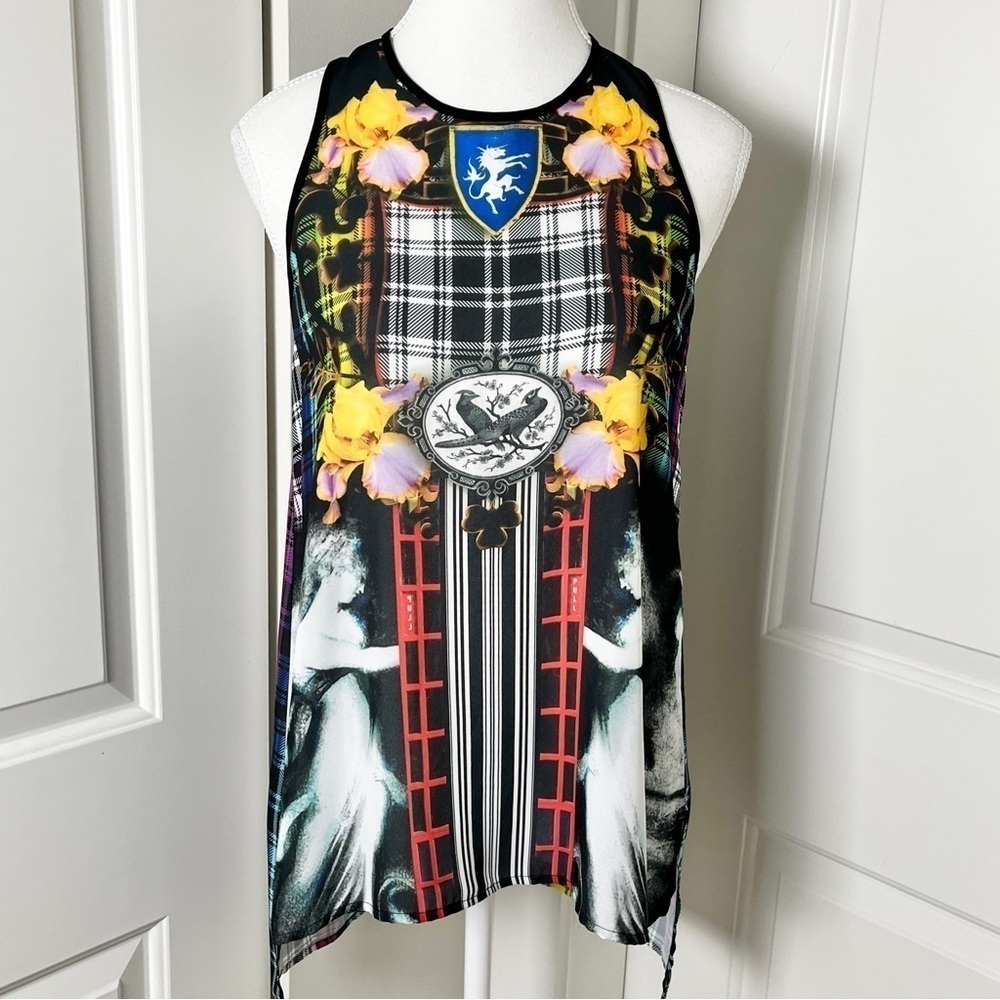 Clover Canyon Eclectic Mixed Print Sleeveless Asymmetrical Blouse, Small